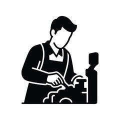 Skilled artisan working diligently at a workbench crafting intricate details on machinery isolated on white background