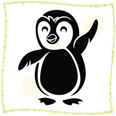 Cheerful cartoon penguin illustration with playful expression and waving wing on a white background framed with decorative green line art element perfect for childrens books