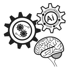 Conceptual illustration of artificial intelligence with interlocking gears and a stylized human brain symbolizing complex thought processes and machine learning