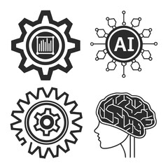 Set of four black and white icons representing artificial intelligence machine learning and industrial automation concepts