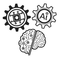 Conceptual illustration of artificial intelligence and machine learning with gears and a stylized brain circuit board design