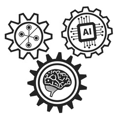Interlocking gears symbolize the integration of artificial intelligence a human brain and data processing in technology and innovation