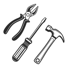 A black and white illustration featuring a pair of pliers a screwdriver and a hammer arranged on a white background