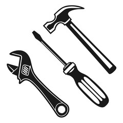 A set of three essential black and white silhouette tools including a hammer adjustable wrench and screwdriver on a white background