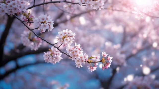 Closeup of delicate pink cherry blossoms on a tree branch with soft bokeh lights in the background