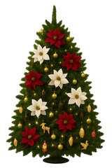Christmas Tree Decorated with Poinsettia Flowers, Gold Ornaments, Pinecones, and Reindeer Figures on White Background