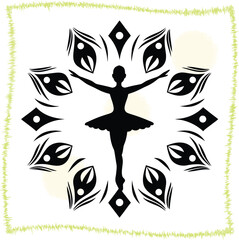 Elegant Ballerina Silhouette in a Decorative Mandala Design on White Background with Green Frame Featuring Graceful Ballet Dancer in Center for Artistic Appeal