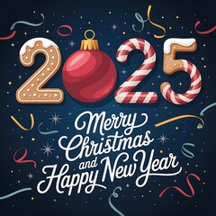 Festive 2025 merry christmas and happy new year greeting with ornaments and confetti