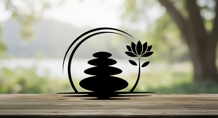Serene zen garden silhouette with stacked stones and lotus flower