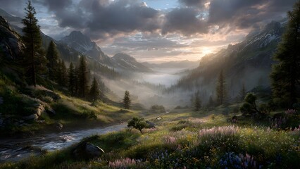  Majestic Mountain Vista: Breathtaking panorama of majestic mountains, verdant valleys, and a winding river under a dramatic, cloudy sky, evoking a sense of awe and tranquility.