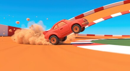 Stylized orange automobile performs a dramatic drift on a brightly colored race circuit kicking up dirt
