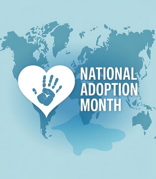 National adoption month heart with handprint on world map background