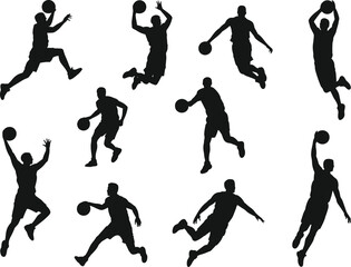 Basketball player silhouettes, dynamic action poses, dribbling, dunking, shooting, sports vector illustration, black figures on white background, athletic motion design