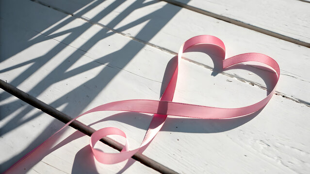 Pink ribbon forming heart shape on white wooden surface