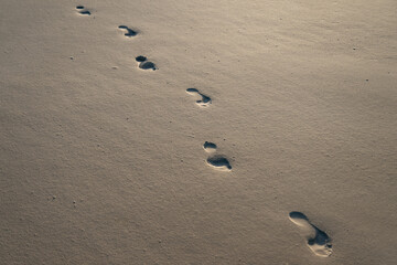 Footprints in the sand. A beach walker has left a trail of barefoot prints running diagonally toward the viewer. Idyllic vacation wallpaper background from the North Sea on Norderney island in Germany
