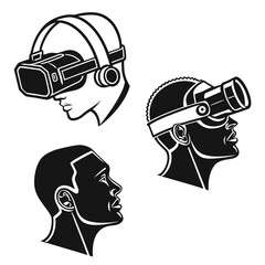 Three stylized profile views of human heads two wearing virtual reality headsets and one without rendered in black and white vector art