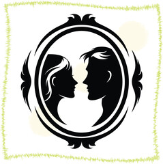 Silhouette illustration of a couple in profile within a decorative frame representing love and connection for valentines day or wedding invitations with romantic mood and elegant design