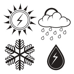 Collection of weather icons including sun with lightning bolt rain cloud snowflake and water drop with lightning bolt
