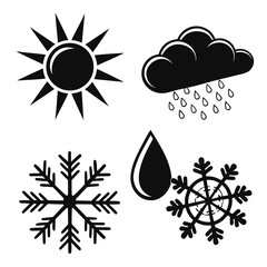 Collection of weather icons including sun rain cloud snowflake and water drop representing different climate conditions