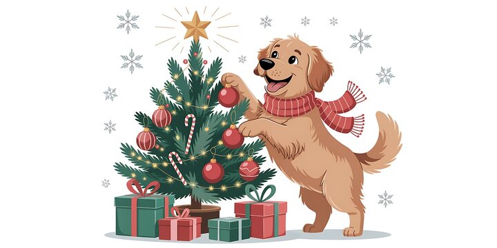 Happy golden retriever dog decorating christmas tree with presents