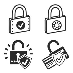 Set of four security icons featuring padlocks with checkmarks and shields representing protection and verified access
