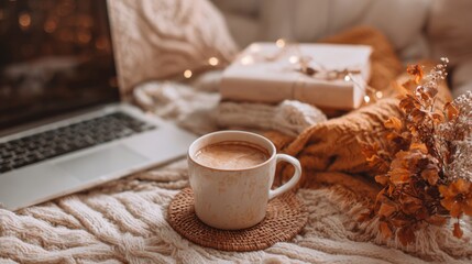 A warm cup of coffee rests on a cozy knitted blanket next to a laptop and autumn flowers.