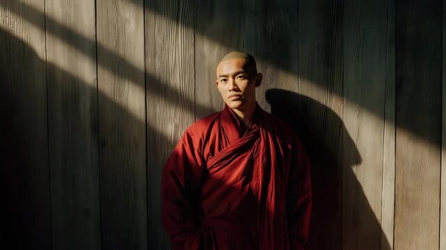 Buddhist monk man wearing red robe neat wooden wall animation video. Religious Asian male in sunbeam animated footage clip seamless HD motion graphics. Buddhism culture concept