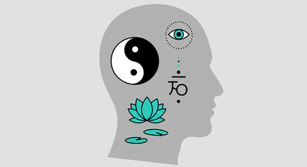 Human head silhouette with yin yang and lotus symbols