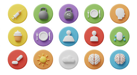 Collection of circular icons representing food health and lifestyle