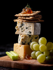 a stacked cheese board with chutney, crackers, grapes, and celery