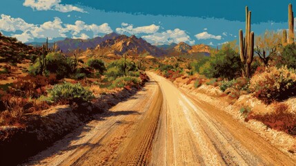 A winding dirt road cuts through a lush desert landscape filled with cacti and mountains.