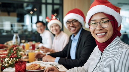 Diverse business team celebrating Christmas office party in Santa hats. Muslim woman with hijab and multicultural colleagues enjoying festive corporate lunch with decorations at modern workplace.