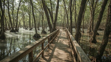 Wood walkway in a forest marsh during spring, nature, woods, forest, trees, old environment, adventure, hiking, water.