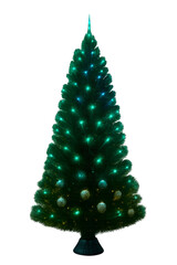 Artificial Christmas Tree with Blue-Green Lights and White-Gold Ornaments on White Background