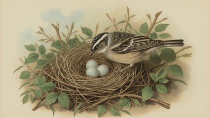 Sylvia nisoria. The nest of the Barred Warbler in nature with bird, nature, animal, natural, wildlife, fauna, ground, eggs, habitat, parent