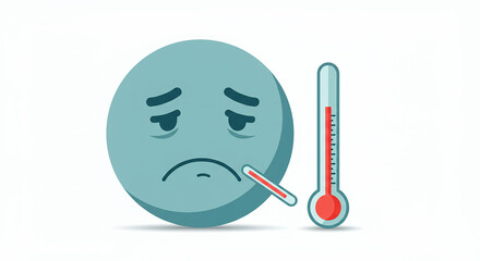 Sad emoji with thermometer symbolizes sickness and fever
