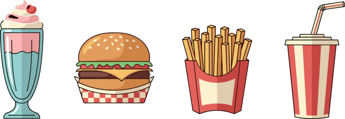Retro fast food meal: milkshake, burger, fries, and soda