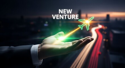 Hand launching a glowing airplane towards a new venture over a city at night