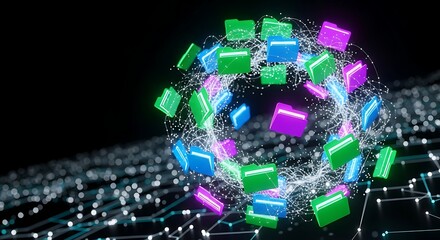 Digital folder icons flowing in a connected network on a dark background