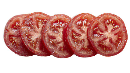 Freshly sliced red tomatoes arranged in a row showcasing vibrant colors and juicy texture isolated on transparent background