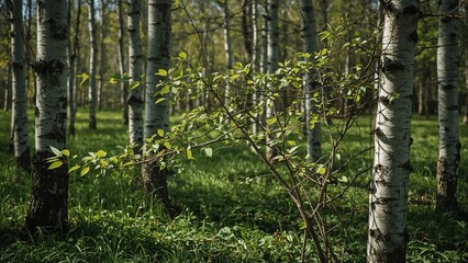 Fototapeta premium Lively birch leaves in a protected forest during early spring.