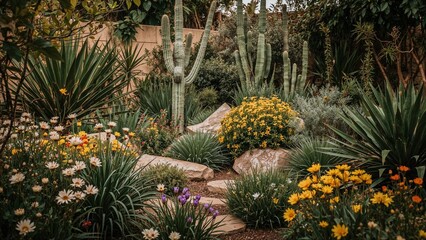 A landscape small garden sample background, flower, travel, nature, garden, green, plant, colorful, beautiful, cactus