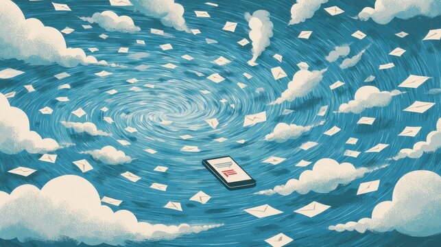 Surreal digital communication concept with floating emails and smartphone in whirling sky for design