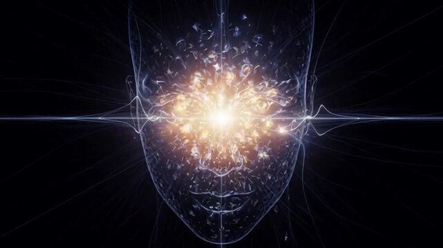 Dynamic digital mindscape with radiant energy bursts and intricate neural network patterns, representing consciousness, AI, and futuristic thought processes in abstract visual flow