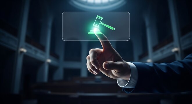 Businessman's hand interacts with a glowing legal gavel on a digital screen, symbolizing online justice or auctions.