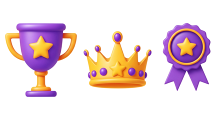 A collection of awards including a trophy, crown, and ribbon isolated on transparent background