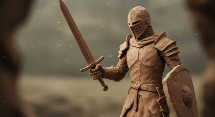 Clay sculpture of a medieval armored warrior figure holding a broadsword and shield outdoors