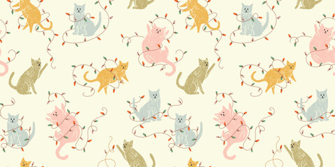 Christmas seamless pattern with cute cats. Background with pets playing with holiday decorations