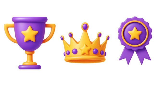A collection of awards including a trophy, crown, and ribbon isolated on transparent background