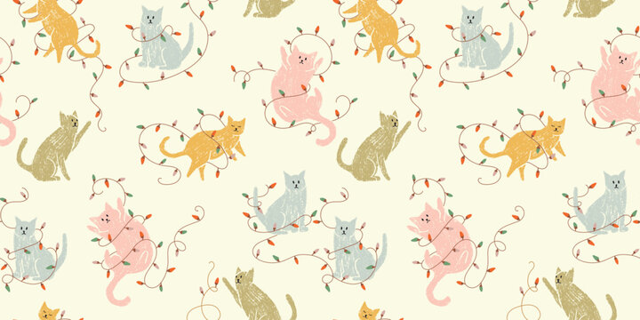 Fototapeta Christmas seamless pattern with cute cats. Background with pets playing with holiday decorations